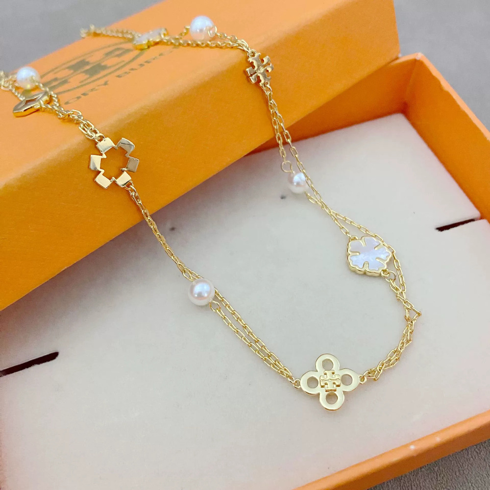 Tory Burch Gold Chain White Shell Four Leaf Clover Double Layer Choker Necklace